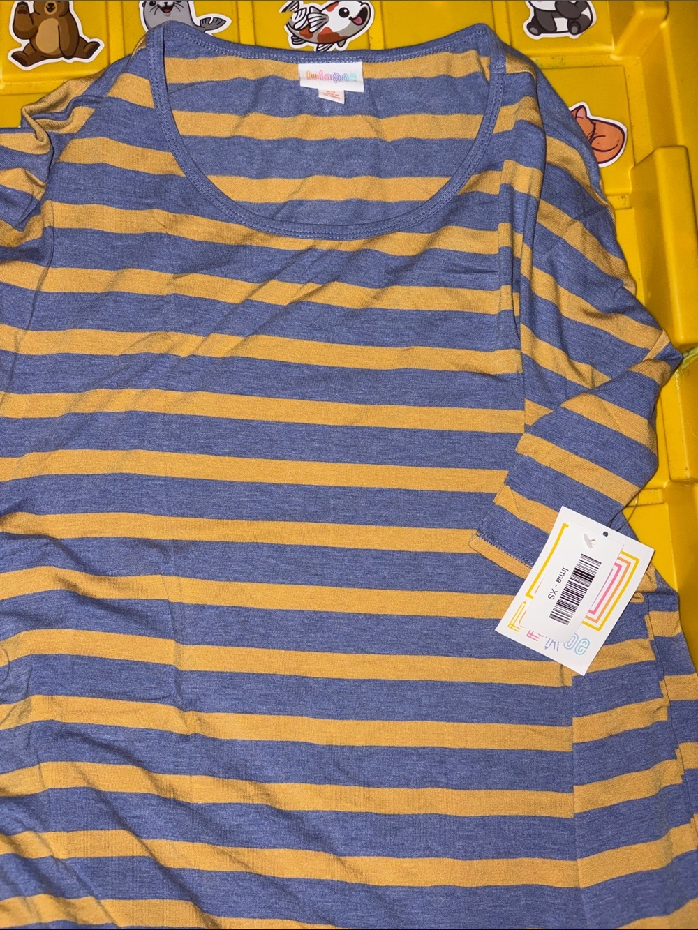 Lula Roe Striped Short Sleeve Top - Blue & Mustard